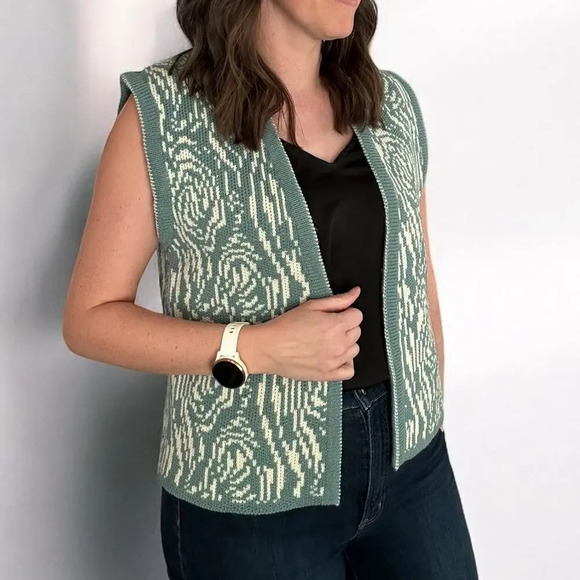 no brand Jackets & Blazers - Vintage Boho Boxy Oversized Open Knitted Sweater Vest Teal Cream Swirl Pattern